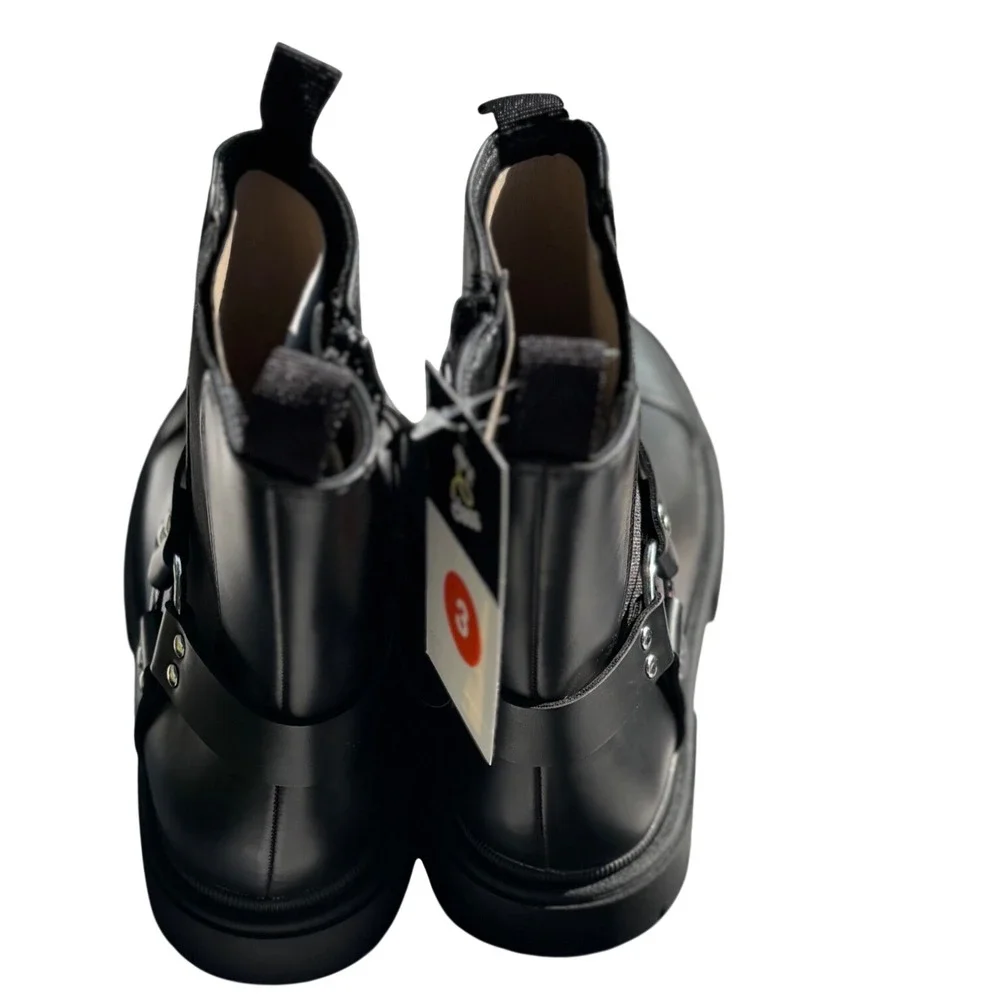 Art Class Kids Black Harness Moto Boots Chunky Lug Sole Side Zip Size 3 NEW